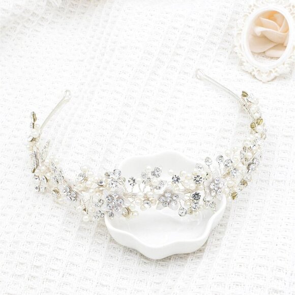 Bridal Pearl Crystal Floral Headband Wedding Hair Accessory for Women Silver